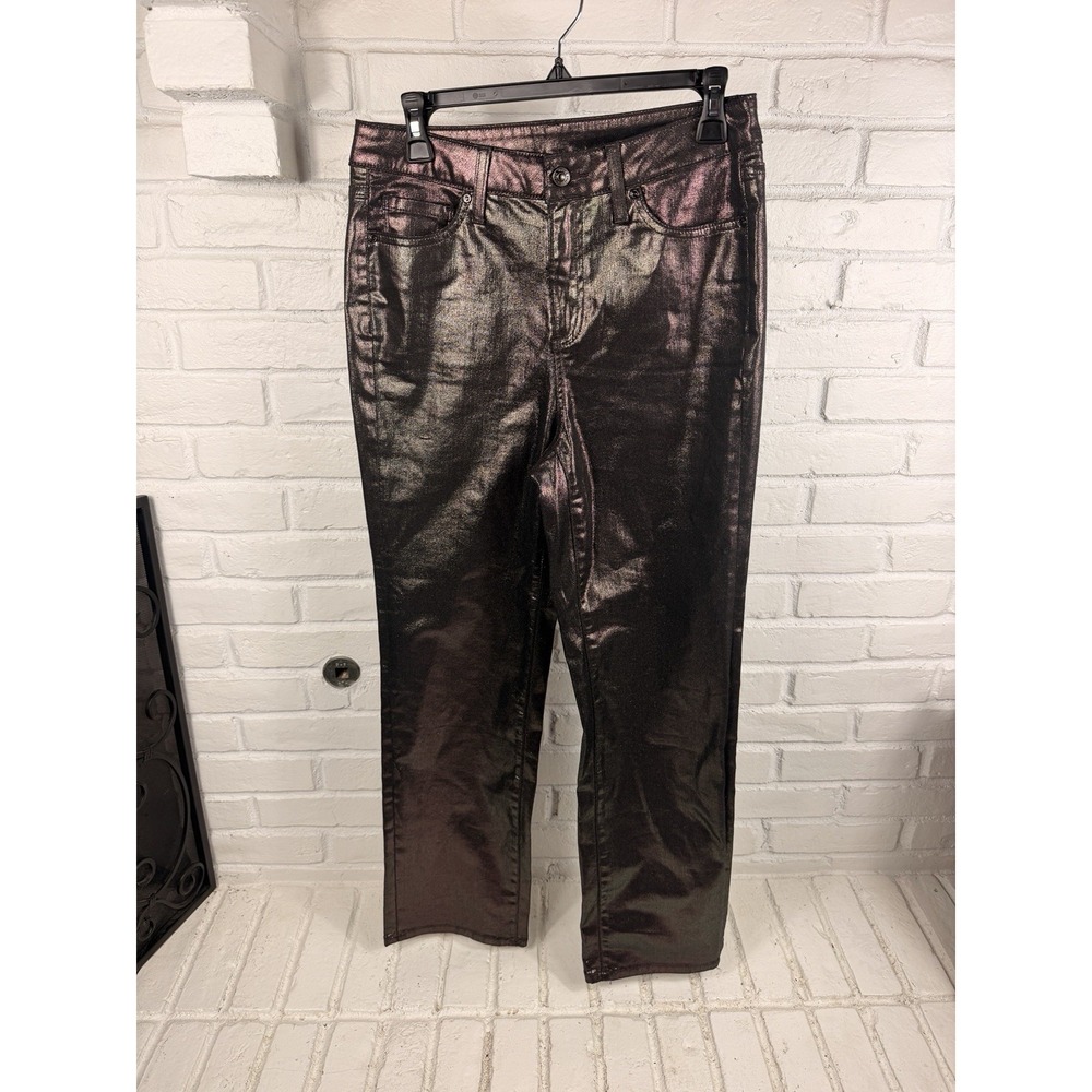 Chico's 0R Metallic Bronze Coated Straight Leg Jeans Shimmer Glam Stretch